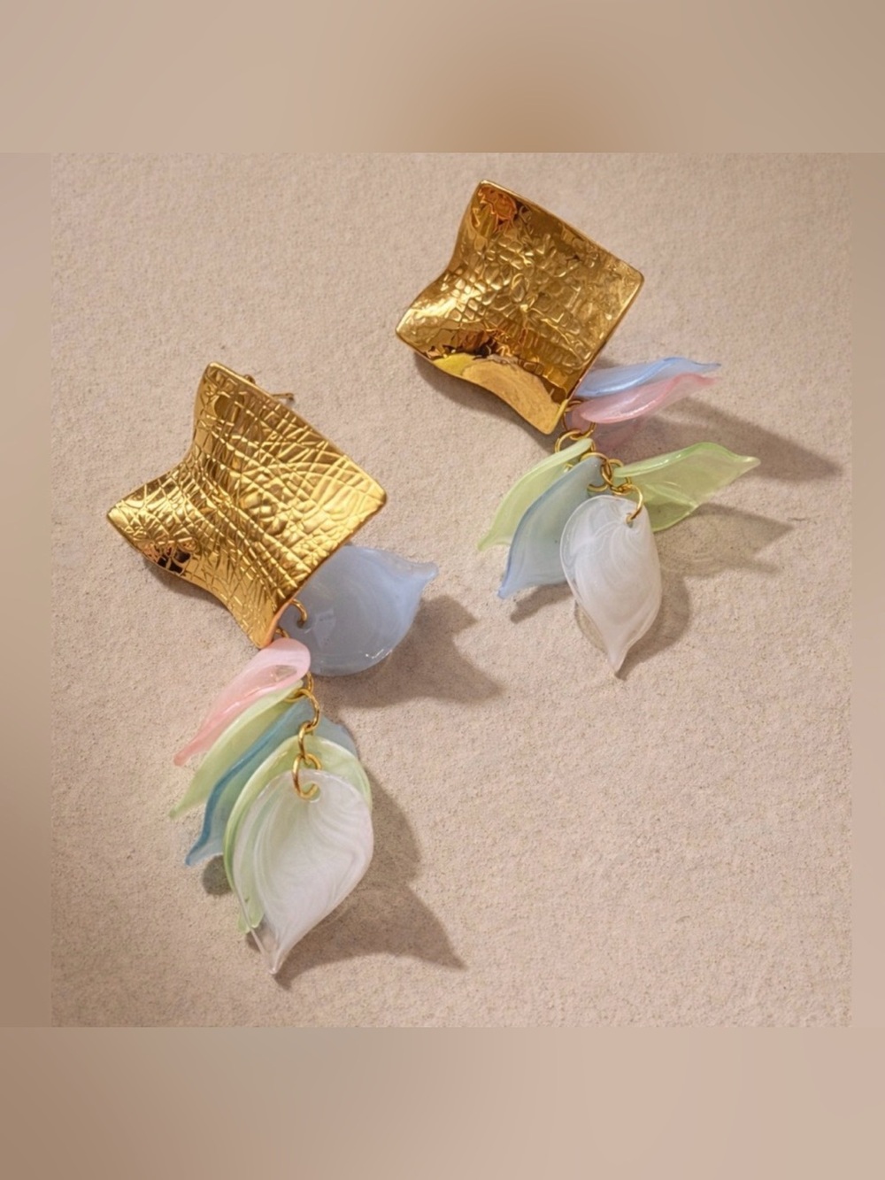 Gold Drop Earrings with Pastel Blue Petal Accents Summer Vacation Vibes